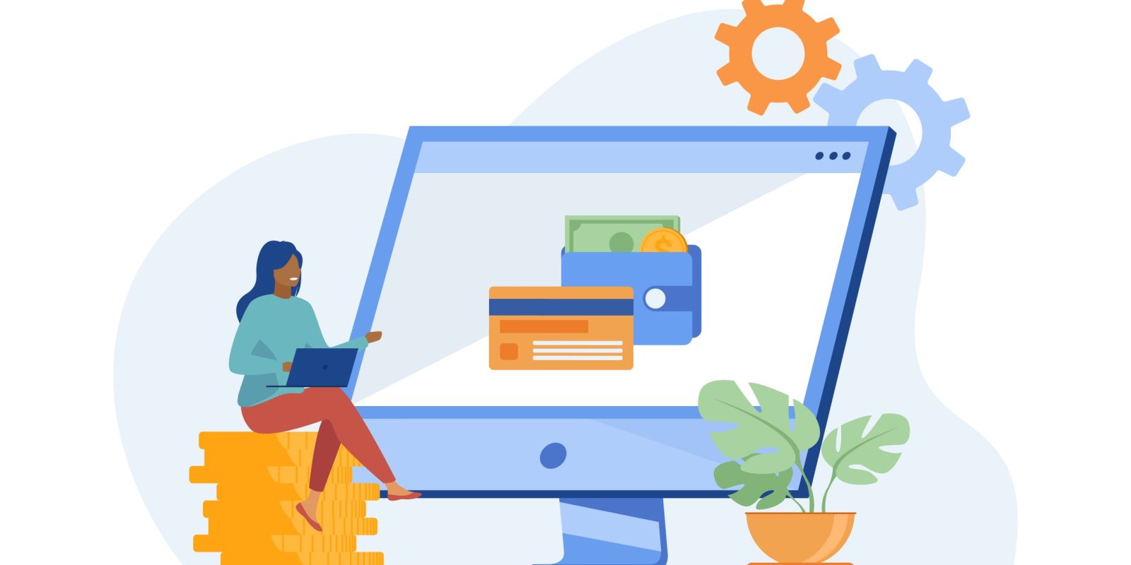 Woman working online and getting profit. Money, business, finance. Flat vector illustration. Investment concept can be used for presentations, banner, website design, landing web page