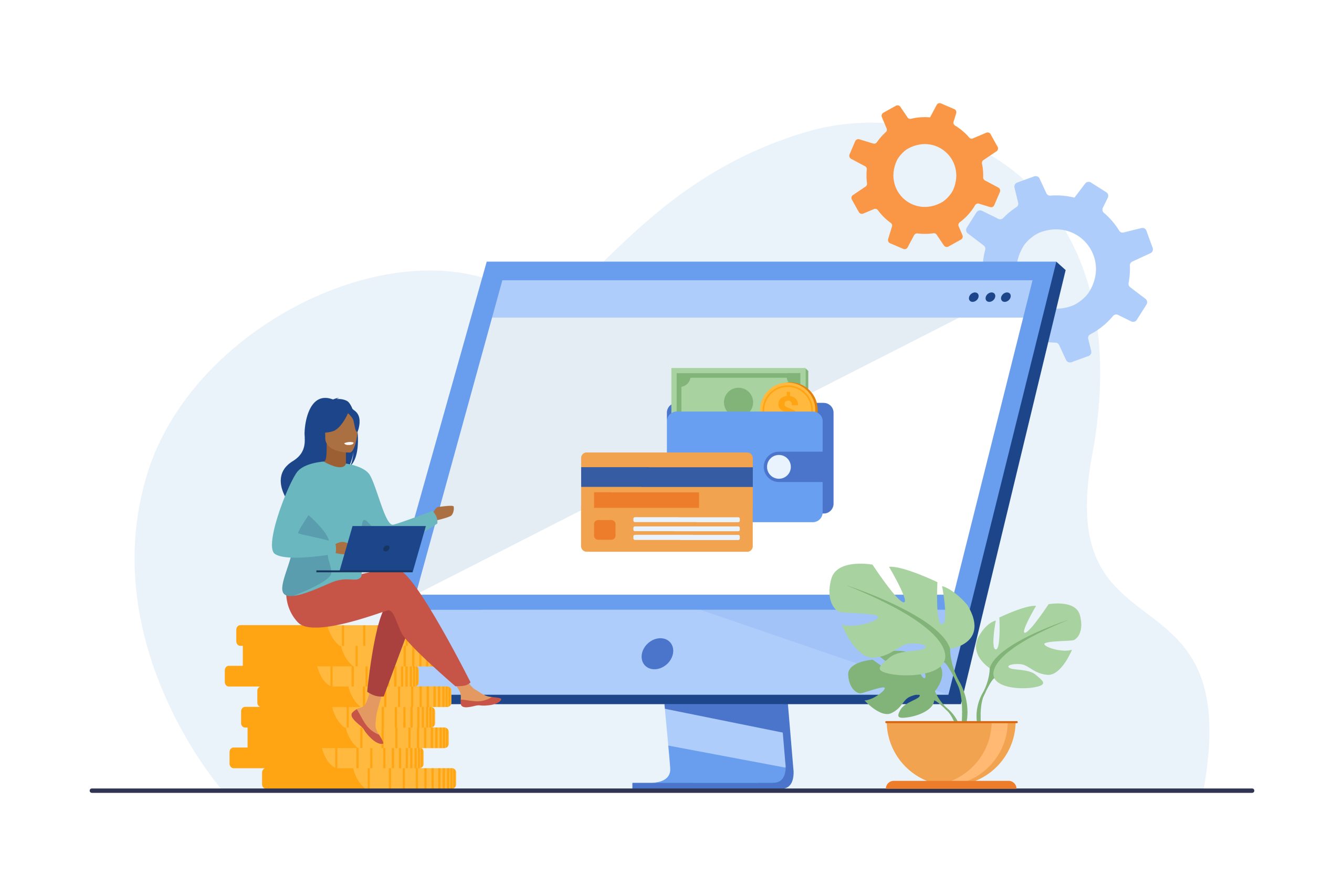 Woman working online and getting profit. Money, business, finance. Flat vector illustration. Investment concept can be used for presentations, banner, website design, landing web page